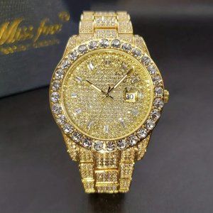 Yellow Luxury Men's Watch Iced Out Twinkle Big Faux Diamond Quartz